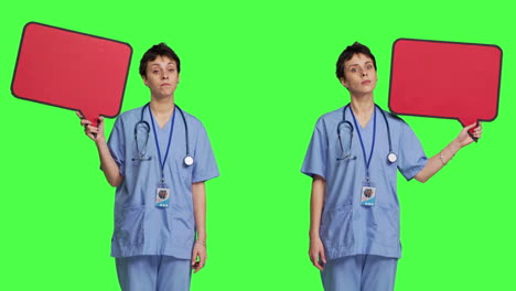 Medical-assistant-holding-a-red-speech-bubble-icon-against-greenscreen